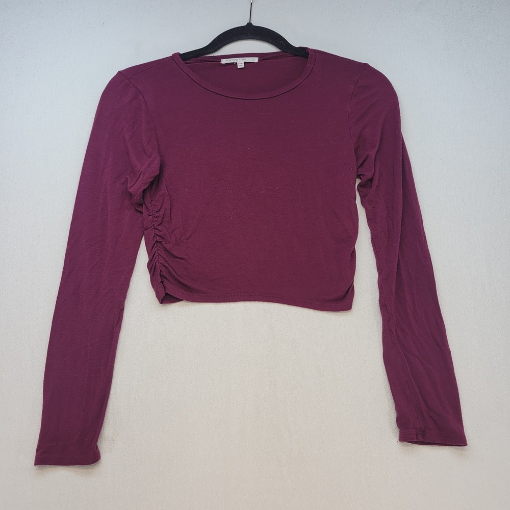 Antistar Crop Top Womens Medium Burgundy Ruched Side Long Sleeve Crew Neck